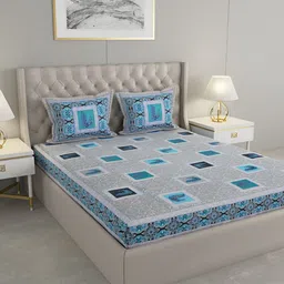 Wayne Martin Blue and Black Floral 330 TC King Bedsheet with 2 Pillow Covers-image-74