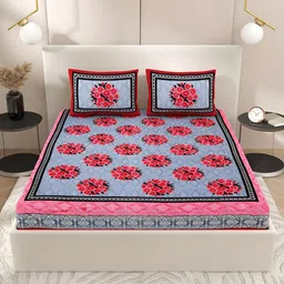 Wayne Martin Blue & Red Floral Cotton 330 TC King Bedsheet With 2 Pillow Covers-image-64