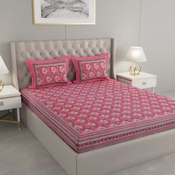 Wayne Martin Pink & Grey Floral Cotton 330 TC King Bedsheet With 2 Pillow Covers-image-55