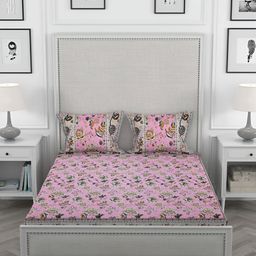 Wayne Martin Pink & Black Floral Cotton 330 TC King Bedsheet With 2 Pillow Covers-image-86