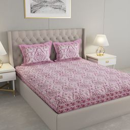 Wayne Martin Pink and White Floral 330 TC King Bedsheet with 2 Pillow Covers-image-103