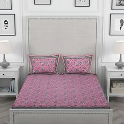Wayne Martin Pink & Grey Floral Pure Cotton 330 TC King Bedsheet with 2 Pillow Covers-image-109