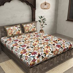JAIPUR FABRIC White & Red Cotton Floral King Bedsheet with 2 Pillow Covers-image-73