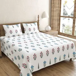 JAIPUR FABRIC Blue & White Floral Cotton 240 TC Double King Bedsheet with 2 Pillow Covers-image-58