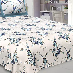 BED-SHEET.COM White & Blue Floral King Bedsheet with 2 Pillow Covers-image-5