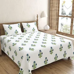 JAIPUR FABRIC White & Blue Floral Cotton 240 TC Double King Bedsheet with 2 Pillow Covers-image-64