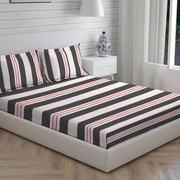 Layers Grey & White Striped 104 TC King Bedsheet with 2 Pillow Covers-image-89