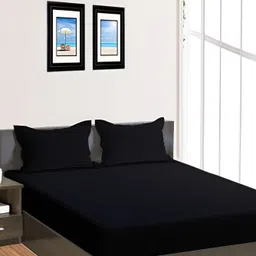 RRC Black Striped 144 TC King Fitted Bedsheet with 2 Pillow Covers-image-1