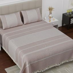 Varde Beige & White Striped 180 TC King Bedsheet with 2 Pillow Covers-image-89