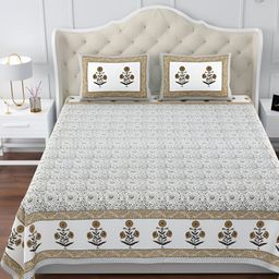 Urban Jaipur Green & White Floral Cotton 210 TC Super King Bedsheet with 2 Pillow Covers-image-5