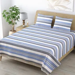 Varde Blue & White Striped 210 TC All Seasons Cotton King Bedsheet with 2 Pillow Covers-image-95