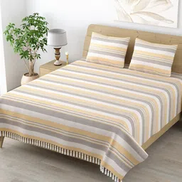 Varde White & Grey Striped 210 TC All Seasons Cotton King Bedsheet with 2 Pillow Covers-12