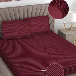 FABINALIV Maroon 300 TC King Size Fitted Double Bedsheet With 2 Pillow Covers-19