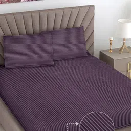 FABINALIV Purple Striped Woollen 300 TC King Bedsheet with 2 Pillow Covers-image-21