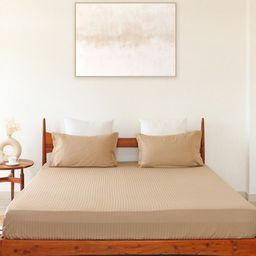 HOMEMONDE Taupe 300 TC Cotton Satin Striped Fitted King Bedsheet with 2 Pillow Covers-51