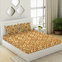 SPACES Ikkat Yellow Geometric Cotton 144 TC Fitted King Bedsheet with 2 Pillow Covers-image-21