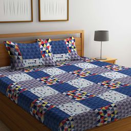 Arrabi Blue & Red Geometric 300 TC King Bedsheet with 2 Pillow Covers-7