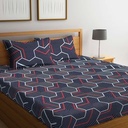 Arrabi Blue & Red Geometric 300 TC King Bedsheet with 2 Pillow Covers-14