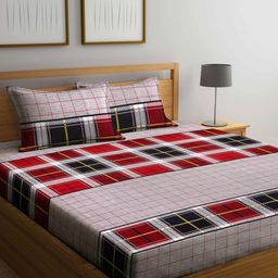 Arrabi Grey & Red Geometric 300 TC Super King Bedsheet with 2 Pillow Covers-20