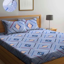 Arrabi Blue & Beige Graphic 300 TC King Bedsheet with 2 Pillow Covers-image-96