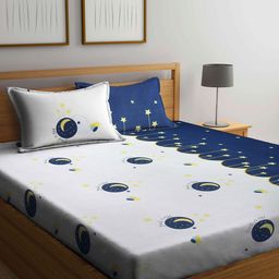 Arrabi Blue & White Graphic 300 TC King Bedsheet with 2 Pillow Covers-image-57