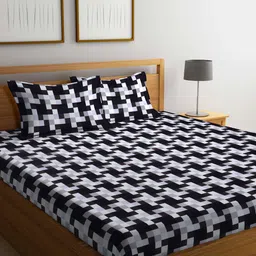 Arrabi Black & White Geometric 300 TC Flat King Bedsheet with 2 Pillow Covers-image-9