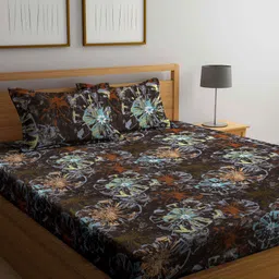Arrabi Brown & Blue Graphic 300 TC King Bedsheet with 2 Pillow Covers-image-72
