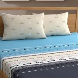 Bajo's White & Blue Geometric 350 TC Cotton King Bedsheet with 2 Pillow Covers-image-52