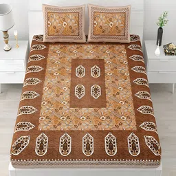 Runjhun Orange Floral Printed 240 TC Cotton King Bedsheet with 2 Pillow Covers-12