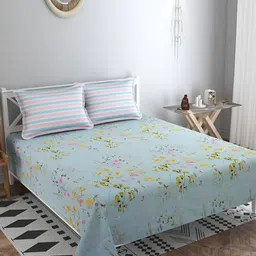 bsb home Blue & Pink Floral Printed 180 TC Cotton King Bedsheet With 2 Pillow Covers-39