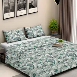 Ariana Green & White Floral Cotton 210 TC King Bedsheet with 2 Pillow Covers-image-19