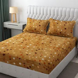 Furnistitchs Camel Brown Stars Printed 300 TC Fitted King Bedsheet With 2 Pillow Covers-image-89
