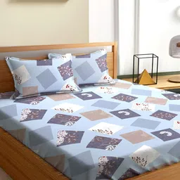 Aura Blue & White Geometric 180 TC Queen Bedsheet With 2 Pillow Covers-image-97