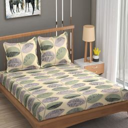 Bromwick Beige & Green Floral Cotton 210 TC Fitted Crib Bedsheet With 2 Pillow Covers-image-88