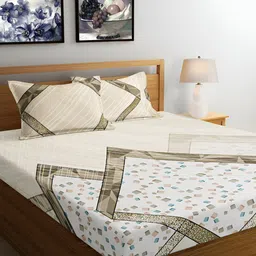 Srijee Decors Tan & White Geometric 350 TC Cotton King Bedsheet with 2 Pillow Covers-image-70