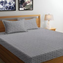 Srijee Decors Grey Ethnic Motifs Cotton 300 TC Fitted King Bedsheet & Pillow Covers-image-68