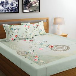 Srijee Decors Green & Red Floral Cotton 300 TC Fitted King Bedsheet With 2 Pillow Covers-image-74
