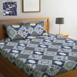 Arrabi Blue & Grey Graphic 300 TC 2 King Bedsheet with 4 Pillow Covers-52