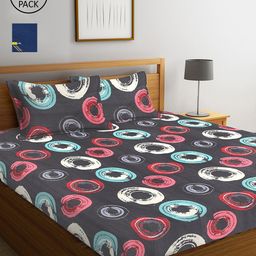 Arrabi Grey & Blue Printed 300 TC 2 King Bedsheet with 4 Pillow Covers-image-88