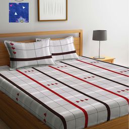 Arrabi Grey & Blue Striped 300 TC 2 King Bedsheet with 4 Pillow Covers-14