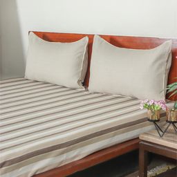 ZEBA Beige & Grey Striped  Double Queen Bed Cover With 2Pillow Covers-5