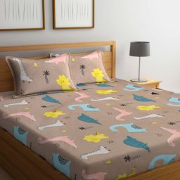 Klotthe Brown Kids 210 TC Printed Cotton Blend King Size Bedsheet With 2 Pillow covers-image-29