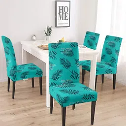 Cortina Teal Green & Black 4 Pcs Leaf Printed Super Stretchable Chair Covers-3