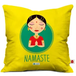 Indigifts Yellow & Green Namaste Printed Filled Cushion With Covers-image-93