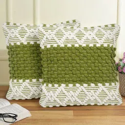 eyda White & Green 2 Pieces Self Design Cotton Square Cushion Covers-33