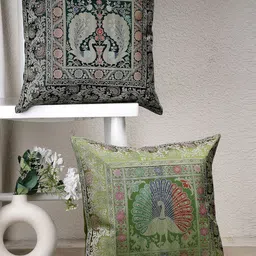 Dhrohar Blue & Green 2 Pieces Ethnic Motifs Brocade Square Shaped Cushion Covers-6