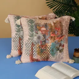 HOSTA HOMES Beige Green 2 Pieces Floral Cotton Square Cushion Covers-image-95