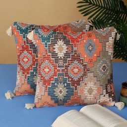 HOSTA HOMES Blue Orange 2 Pieces Geometric Cotton Square Cushion Covers-image-17