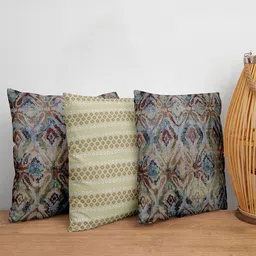 ZEBA Blue & Cream-Coloured Set of 3 Geometric Square Cushion Covers-10