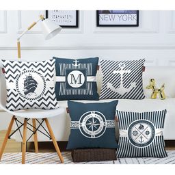 AEROHAVEN Navy Blue & White Set of 5 Geometric Square Cushion Covers-30